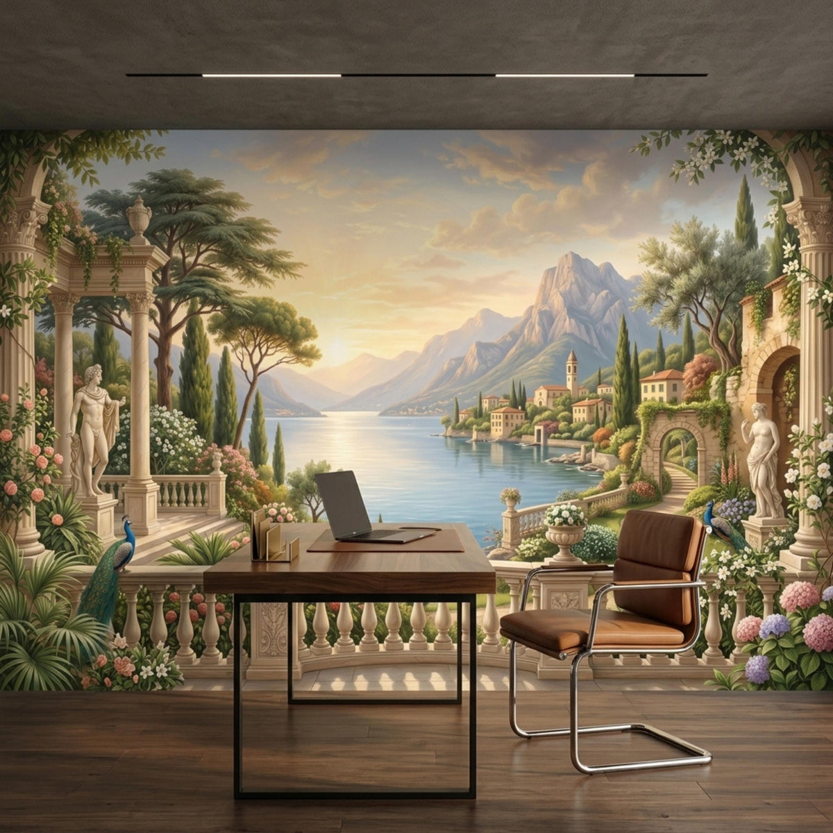 A home office features a dark wooden desk and brown leather chair positioned before an Italian landscape mural wall covering.