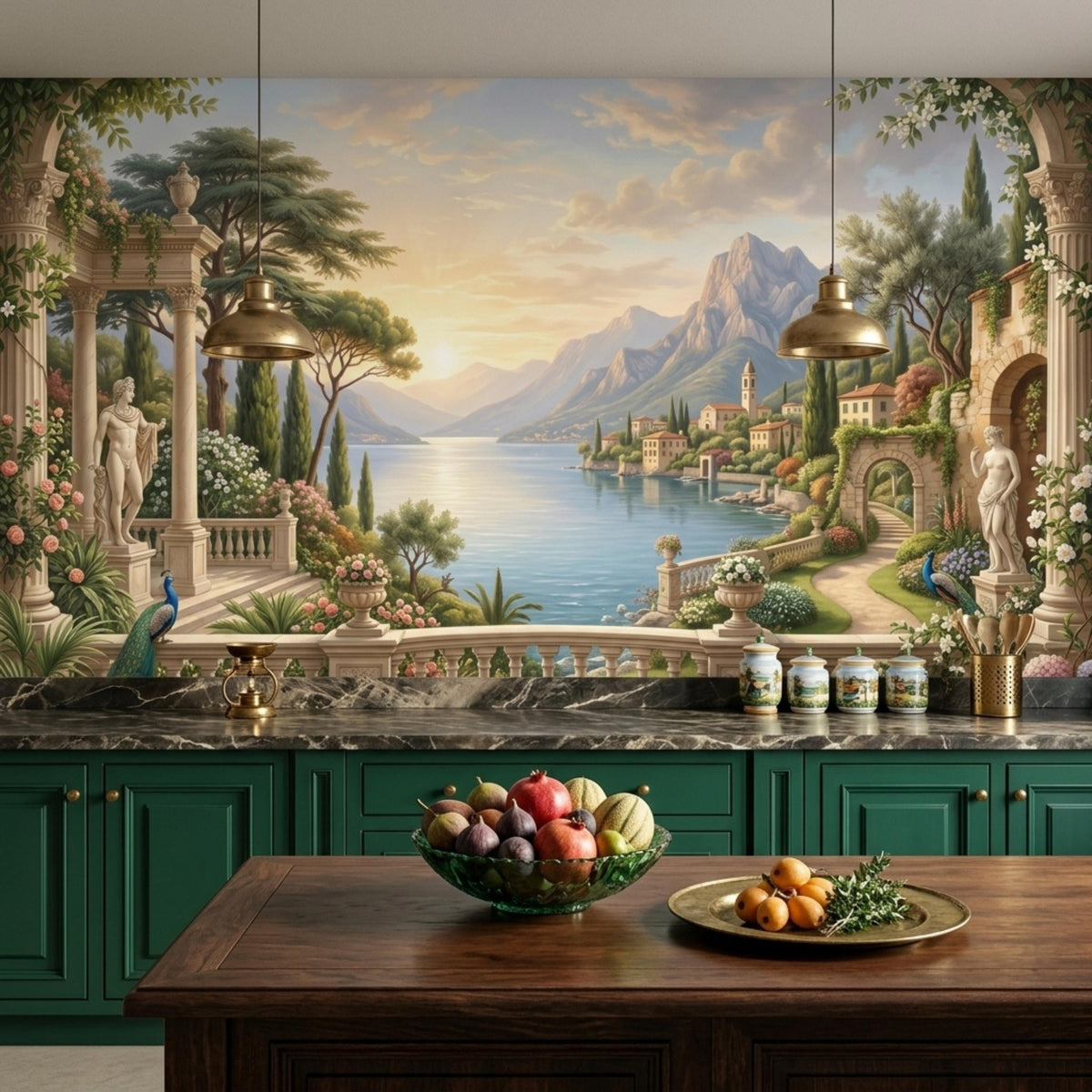 A kitchen features green cabinets and a wooden island with a bowl of fruit and a gold tray, set against an Italian landscape mural wall covering.