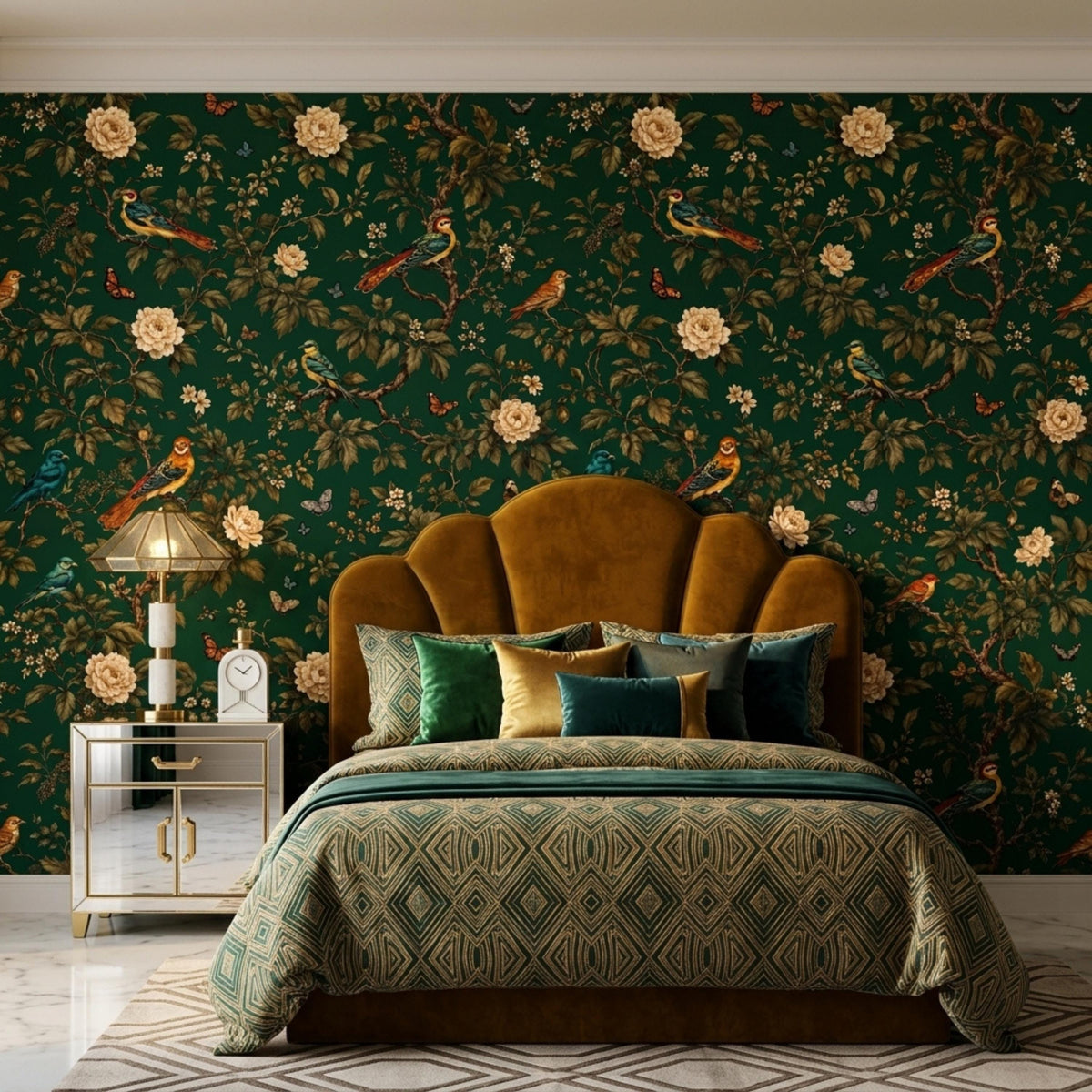 A bedroom features dark green floral wallpaper with birds, a golden-yellow tufted headboard, patterned bedding, and a mirrored nightstand with a lamp.