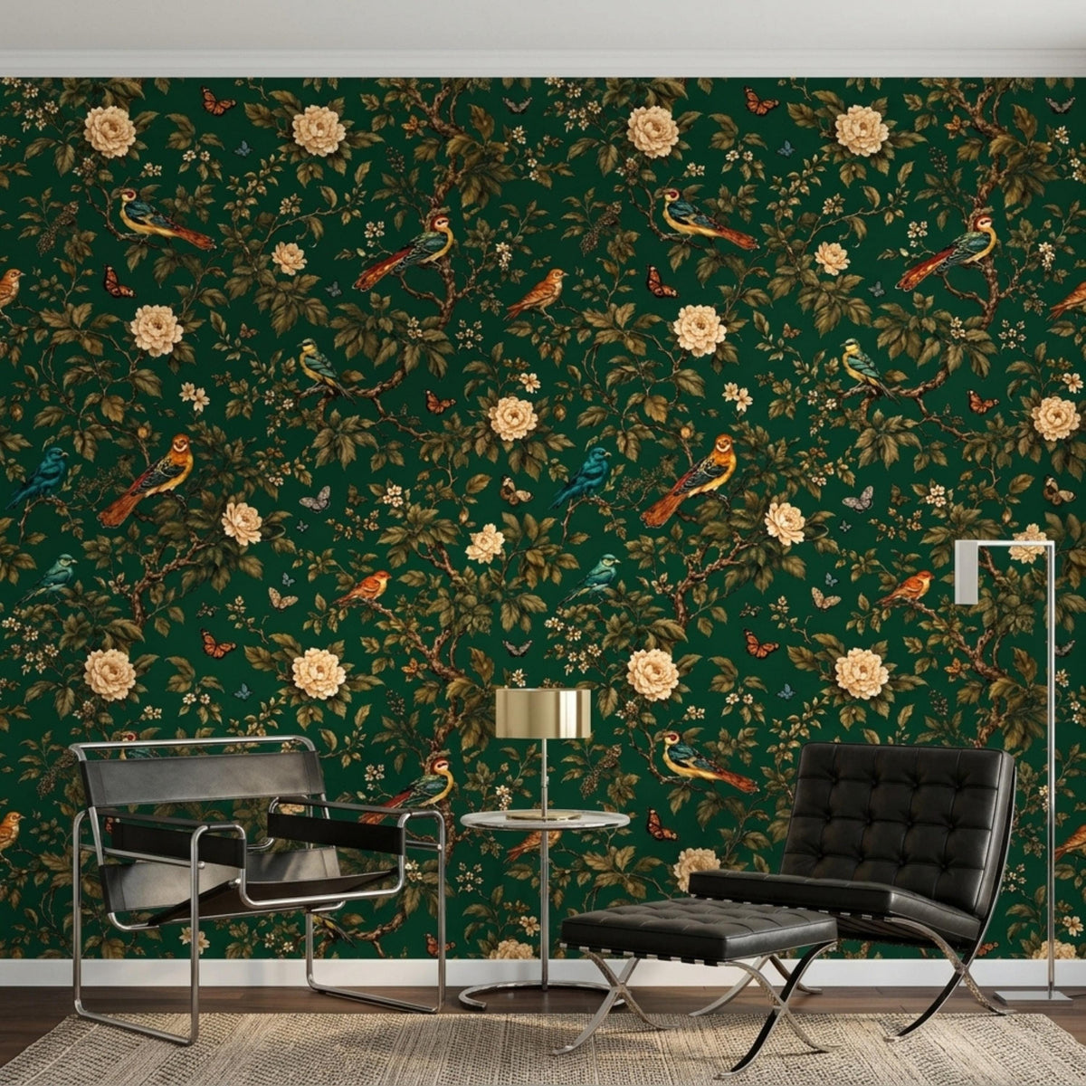 A modern living area showcases dark green botanical wallpaper, two black leather chairs, a small round table with a lamp, and a floor lamp.