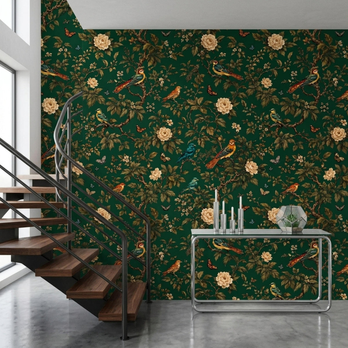 An interior shot shows dark green botanical wallpaper, a wooden staircase with black railings, and a metallic console table holding candles.