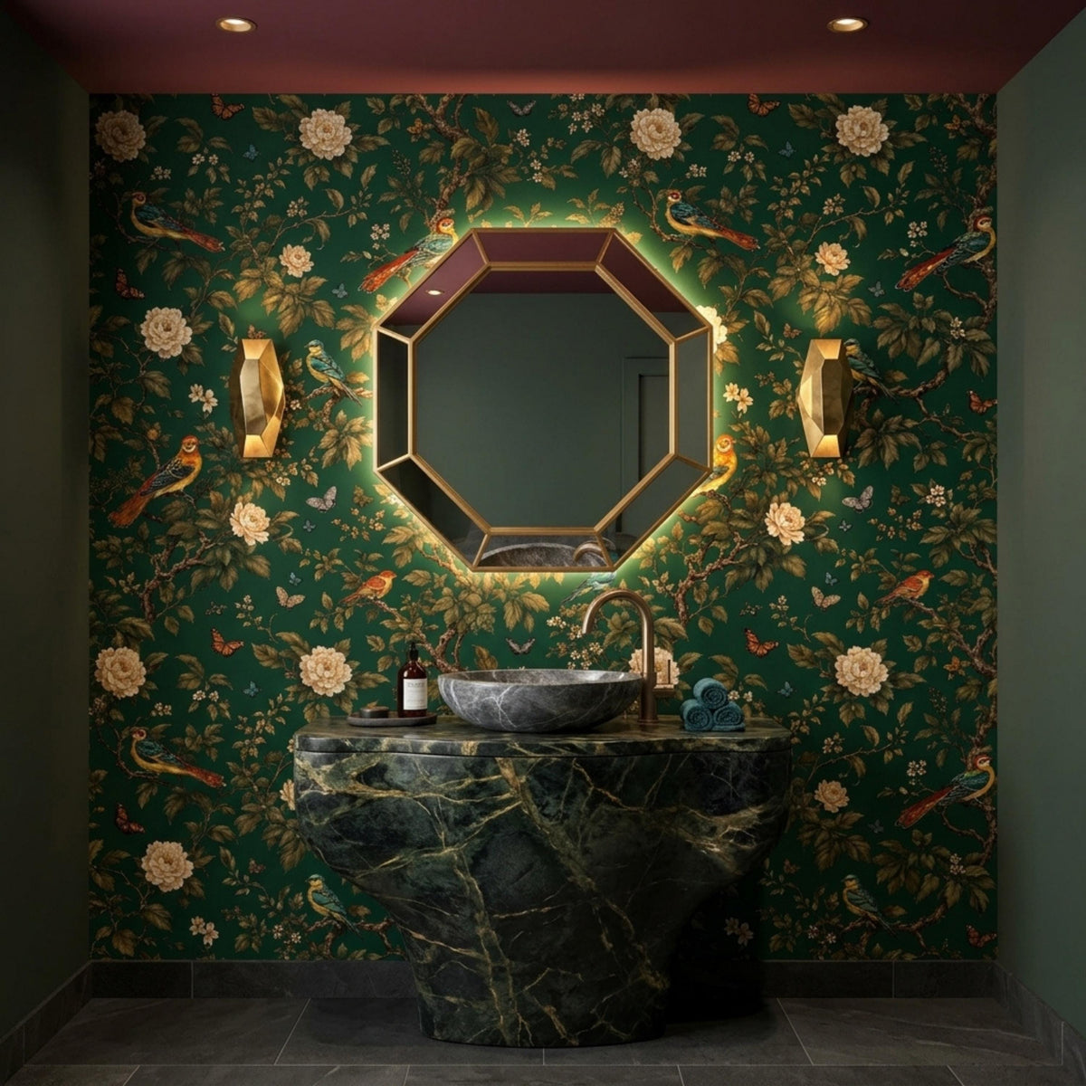 A bathroom with dark green bird wallpaper features an octagonal framed mirror, golden sconces, a marble vessel sink, and a dark stone vanity base.