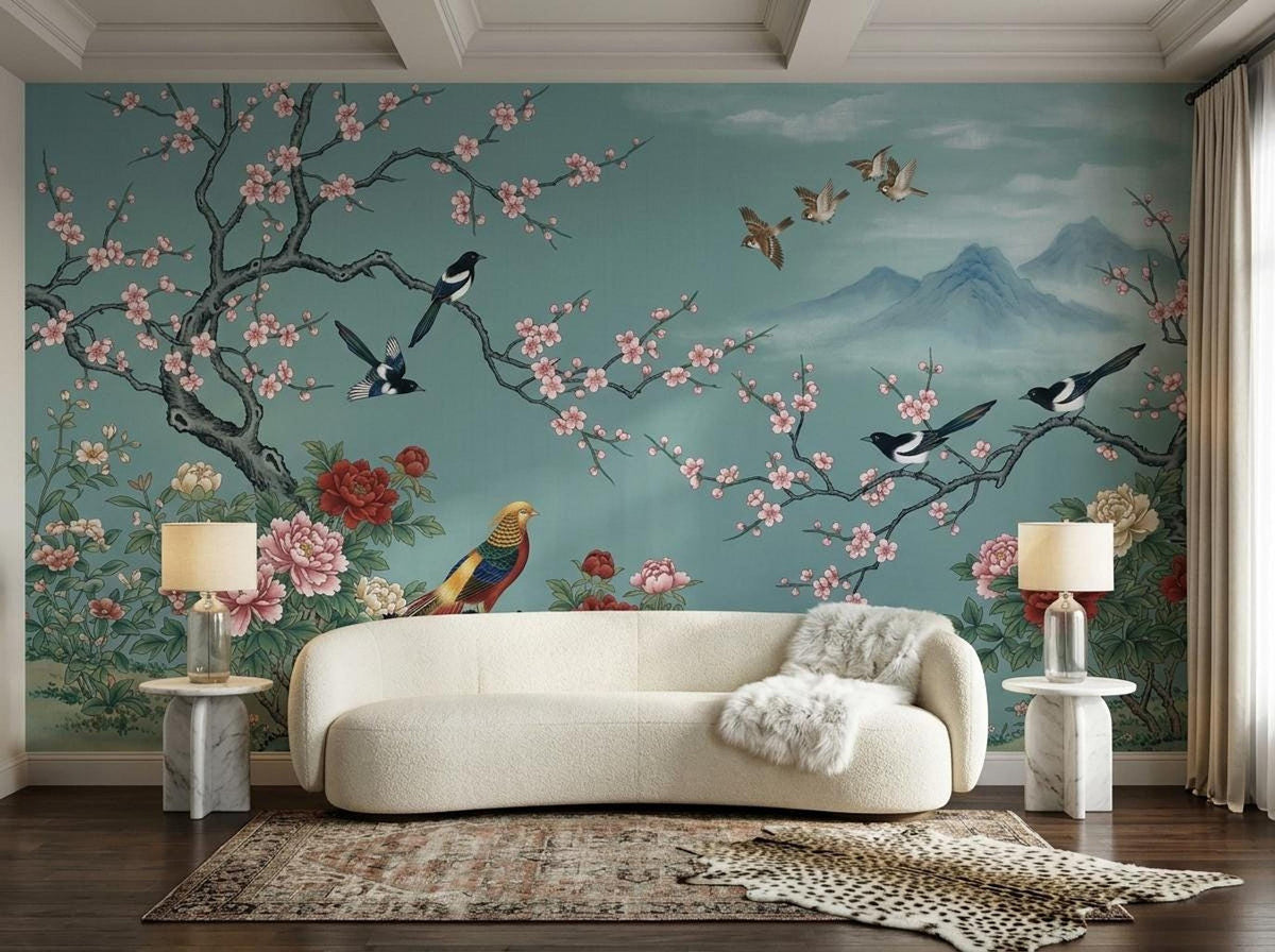 A teal chinoiserie accent wall with blossom branches and birds is framed by a white sofa, two marble side tables with lamps, and an animal print rug.
