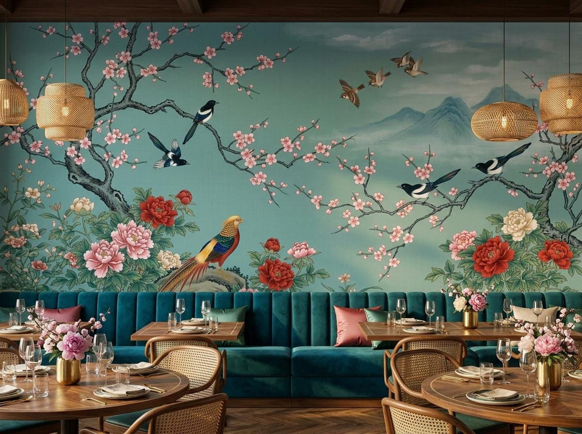 A large scale chinoiserie wall mural in teal with pink cherry blossoms and colorful birds is shown in a restaurant setting with blue tufted banquette seating and wooden dining tables.