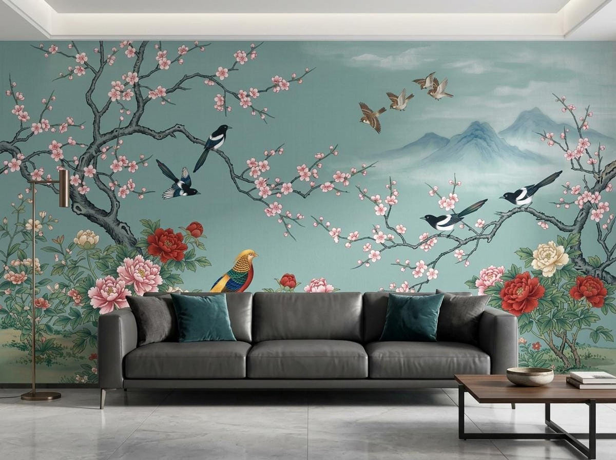 A teal mural featuring Chinese-inspired mountain landscapes and pink cherry blossoms is positioned behind a modern dark gray sofa and a low coffee table.