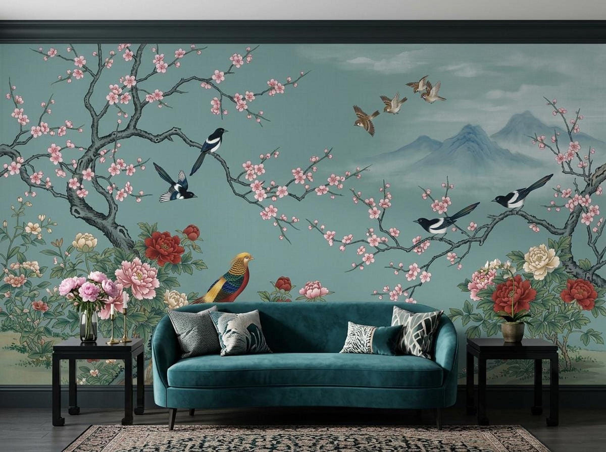 A teal floral wallpaper mural featuring birds and mountainous scenery is placed behind a dark teal velvet sofa and small black side tables.
