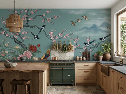 A teal nature mural with pink blossoms and birds is installed in a rustic kitchen featuring wooden cabinets, a green stove, and open shelving.