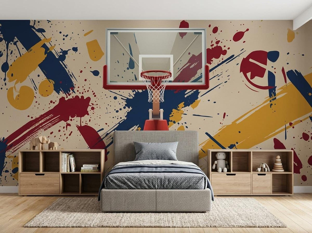 A grey upholstered bed sits centered in front of an urban graffiti sports wallpaper showing a basketball hoop and colorful paint splashes, flanked by two low wooden storage units.