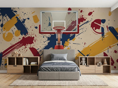 A grey upholstered bed sits centered in front of an urban graffiti sports wallpaper showing a basketball hoop and colorful paint splashes, flanked by two low wooden storage units.