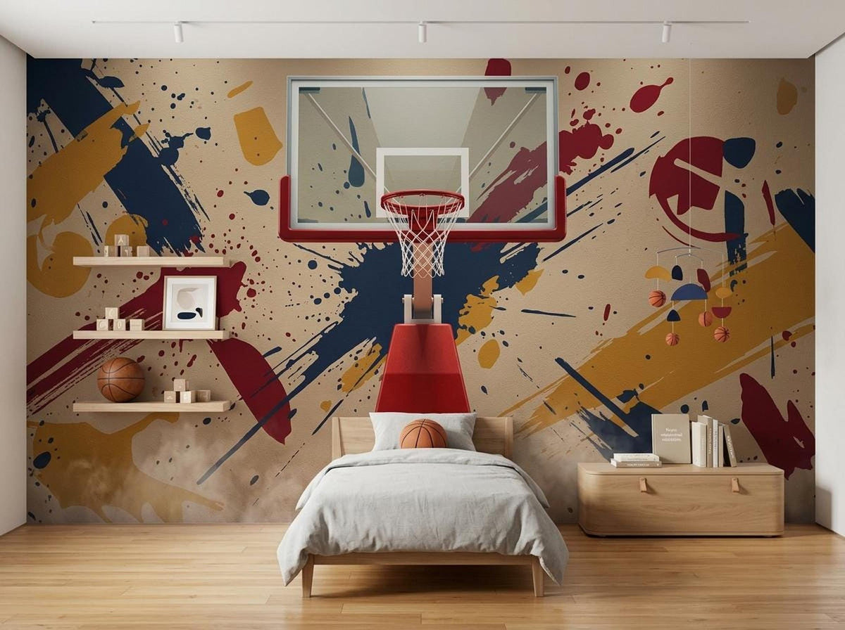 A bedroom features an accent wall with a basketball hoop graphic against a tan backdrop of blue, red, and yellow paint splatters, complemented by wooden floating shelves and a platform bed.