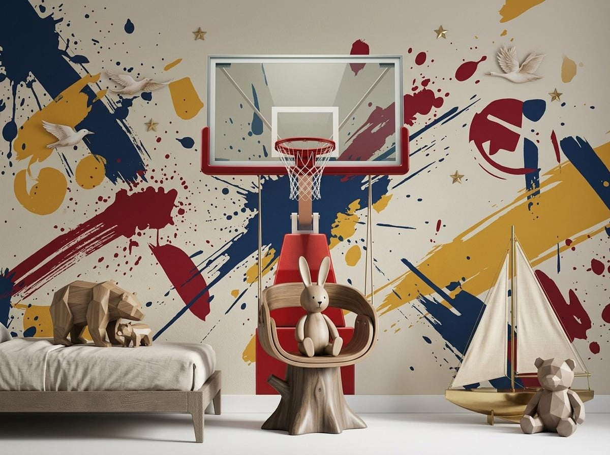 A children's room displays a vibrant basketball hoop wall mural with abstract paint splatters, paired with a wooden stump chair holding a stuffed rabbit and toy wooden animals.