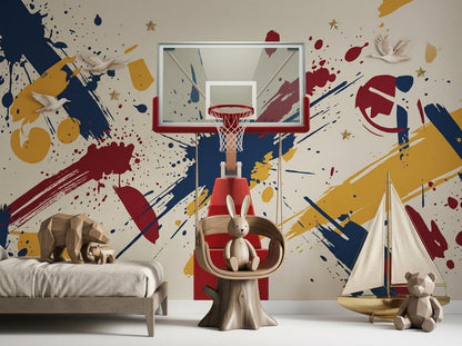 A children's room displays a vibrant basketball hoop wall mural with abstract paint splatters, paired with a wooden stump chair holding a stuffed rabbit and toy wooden animals.