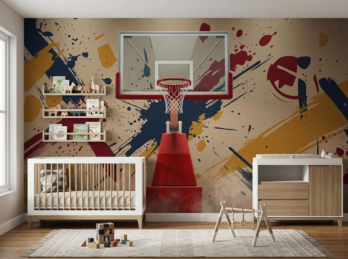 A nursery nursery setup includes a white crib and changing table against a wall mural featuring a basketball backboard over abstract red, blue, and yellow paint strokes.