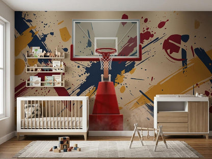 A nursery nursery setup includes a white crib and changing table against a wall mural featuring a basketball backboard over abstract red, blue, and yellow paint strokes.