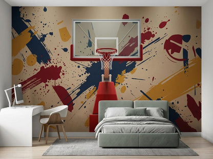 A minimalist bedroom layout features a grey bed and a small desk in front of a tan wall covered in abstract graffiti art and a red basketball hoop graphic.