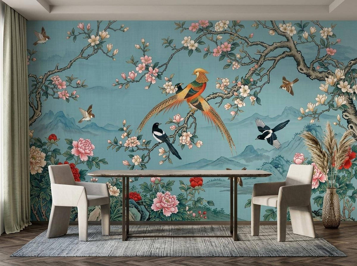 A dining table with two light gray chairs placed in front of the teal floral and bird wallpaper mural.