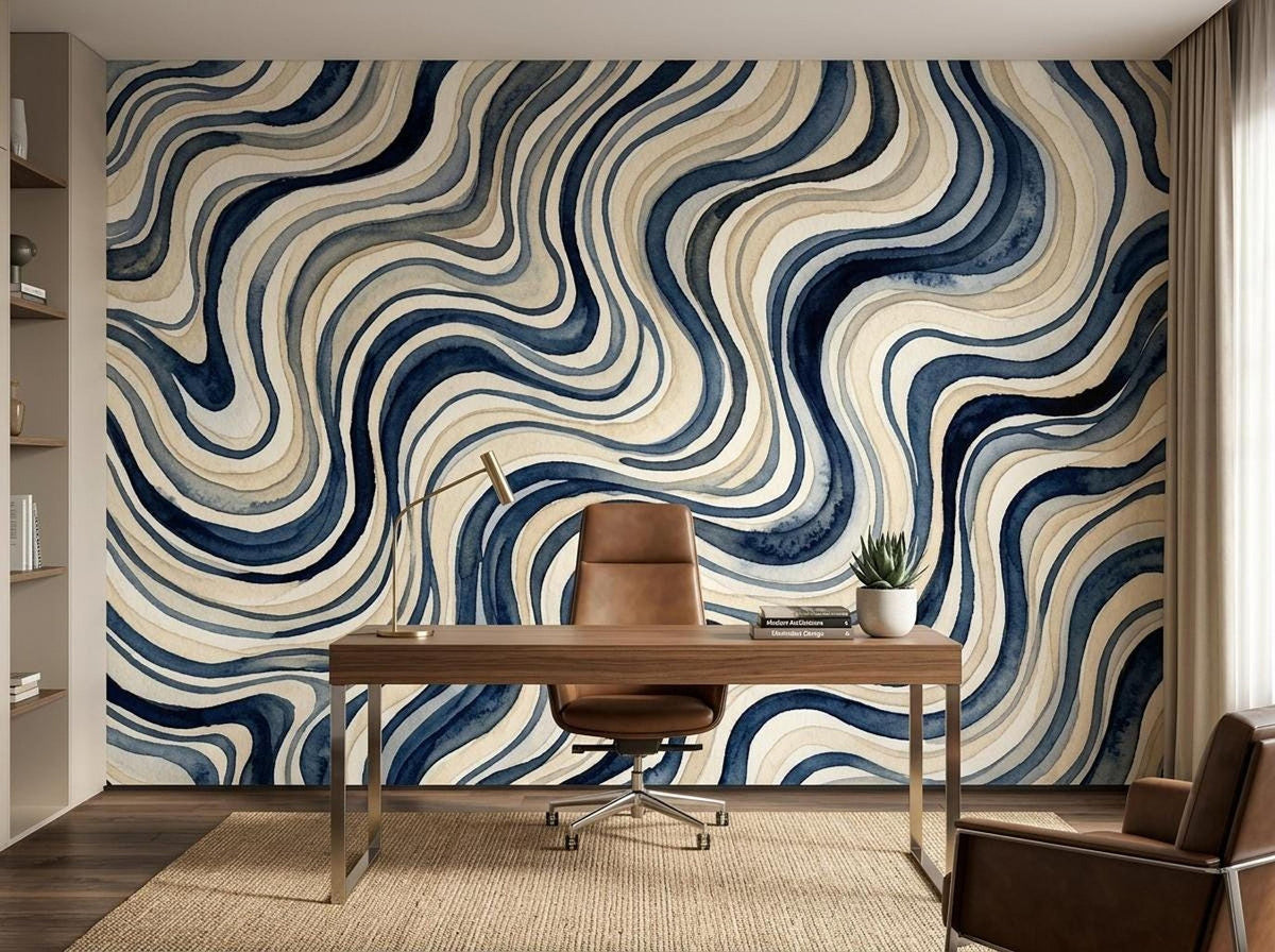A home office setup features a wooden desk and leather chair against a blue wavy watercolor wall mural.