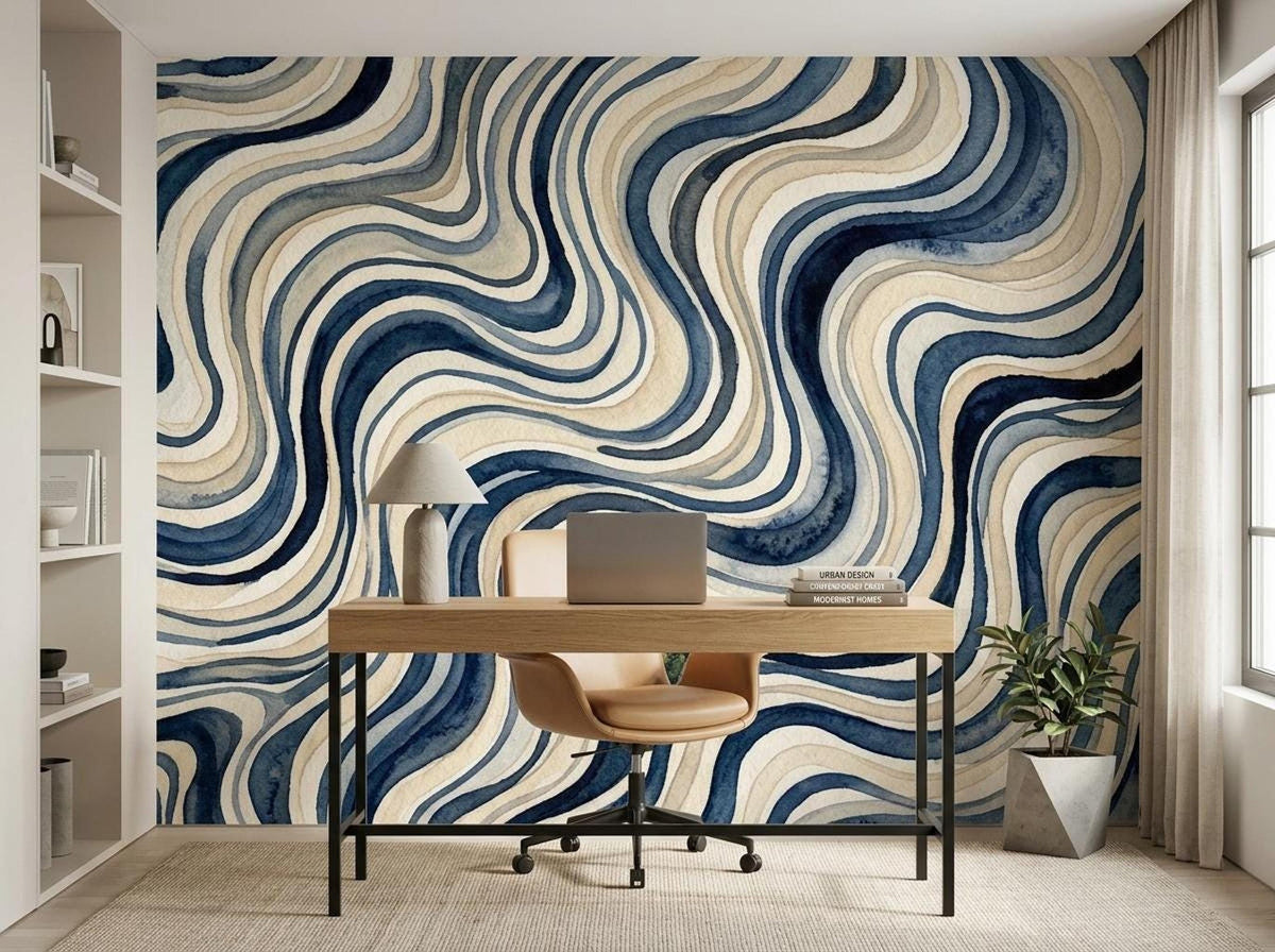 A minimalist home office workspace features a wooden desk and tan chair set against a blue wavy watercolor mural.