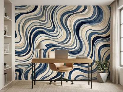 A minimalist home office workspace features a wooden desk and tan chair set against a blue wavy watercolor mural.