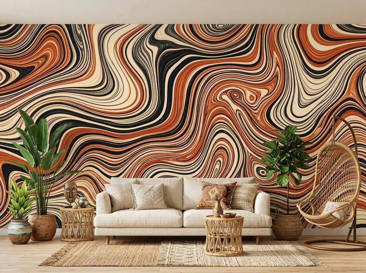 A living room features an abstract wavy wall mural in terracotta, black, and beige, with a beige sofa, two side tables, potted plants, and a hanging wicker chair.
