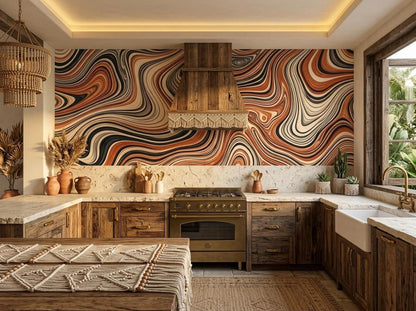 A rustic kitchen features the abstract wavy wall mural above a wooden range hood and stove, with dark wood cabinetry, stone countertops, and a window.