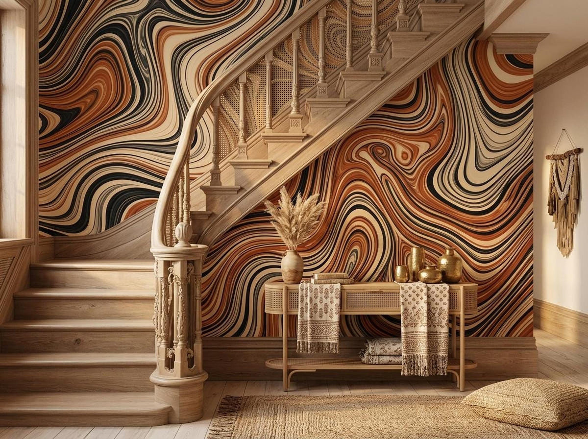 A staircase with wooden steps ascends past the abstract wavy wall mural, alongside a console table holding dried botanicals and pottery, and a woven wall hanging.