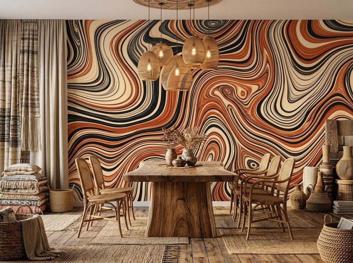 A dining room features the wavy wall mural behind a wooden table with matching chairs, rattan pendant lights overhead, and curtains and woven baskets to the side.