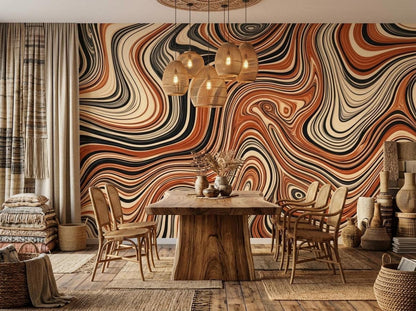 A dining room features the wavy wall mural behind a wooden table with matching chairs, rattan pendant lights overhead, and curtains and woven baskets to the side.