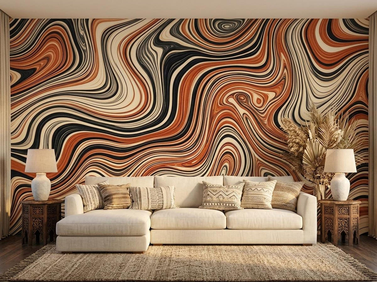 A living room features the abstract wavy wall mural behind a large beige sectional sofa with patterned throw pillows, a jute rug, and matching wooden lamps on side tables.
