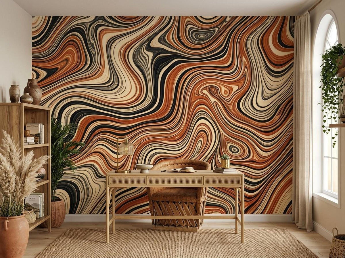 A home office setup features a wooden desk and chair in front of the abstract wavy wall mural, flanked by a wooden bookshelf, a window with curtains, and a potted plant.