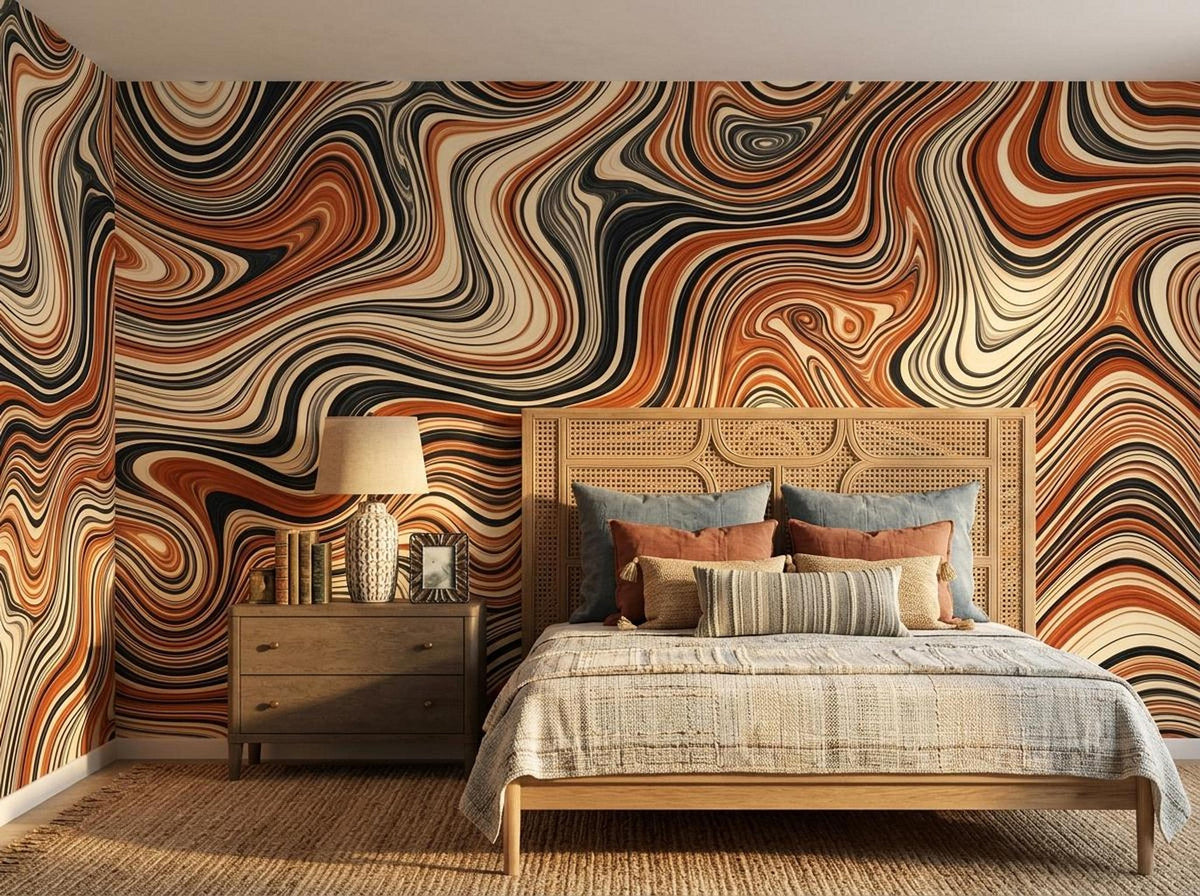 A bedroom features a wooden bed with neutral bedding against the abstract wavy wall mural, accompanied by a matching wooden nightstand with a lamp.