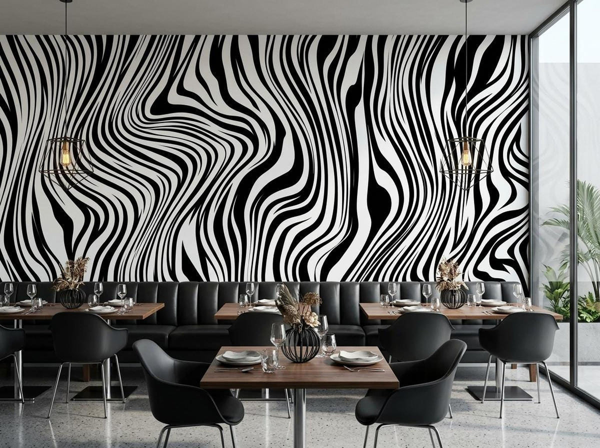 A restaurant interior features a monochrome wavy patterned wallpaper behind black booths and tables with pendant lights.