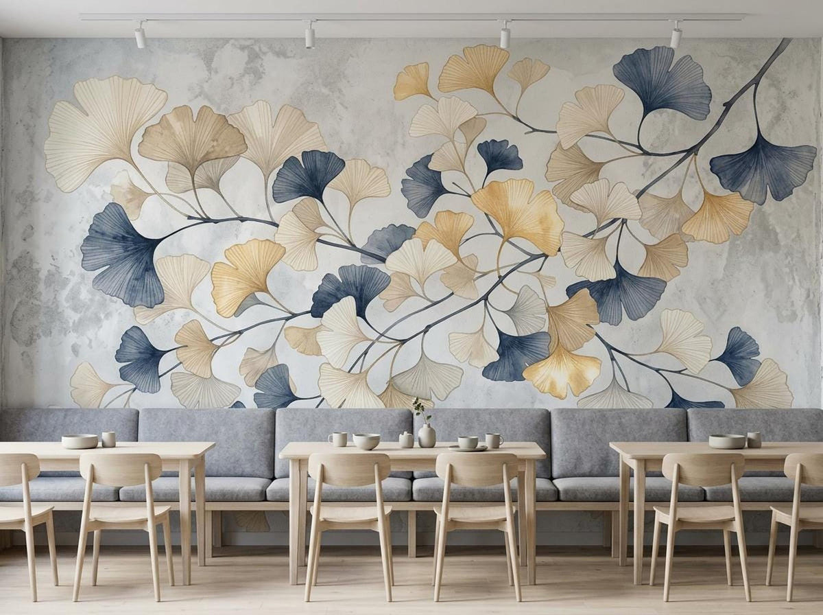 A row of wooden dining tables and gray upholstered bench seating lines a textured concrete wall covered in a botanical mural of gold and blue ginkgo leaves.