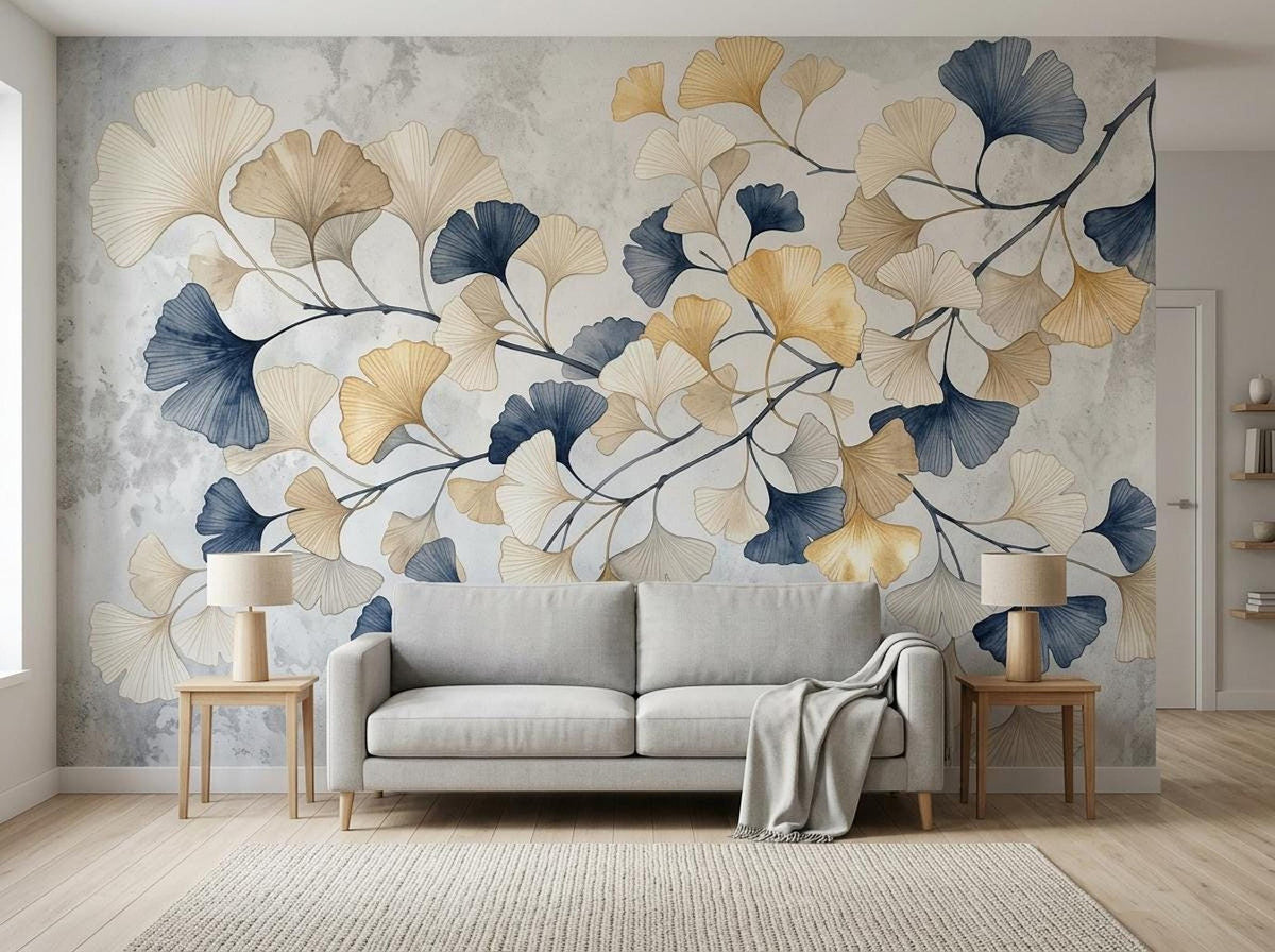 A living room features a large ginkgo leaf wall mural in shades of gold, beige, and navy blue over a gray textured background, with a gray sofa and wooden accent tables.