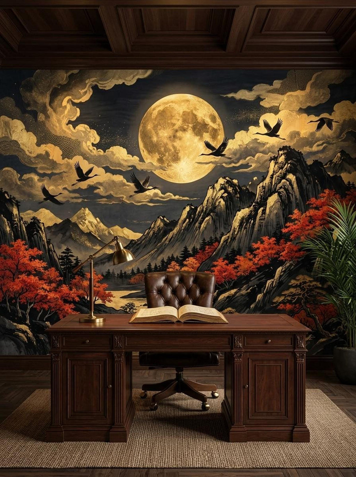 A home office setting featuring the Japanese landscape mural on the wall behind a large wooden executive desk and leather chair.