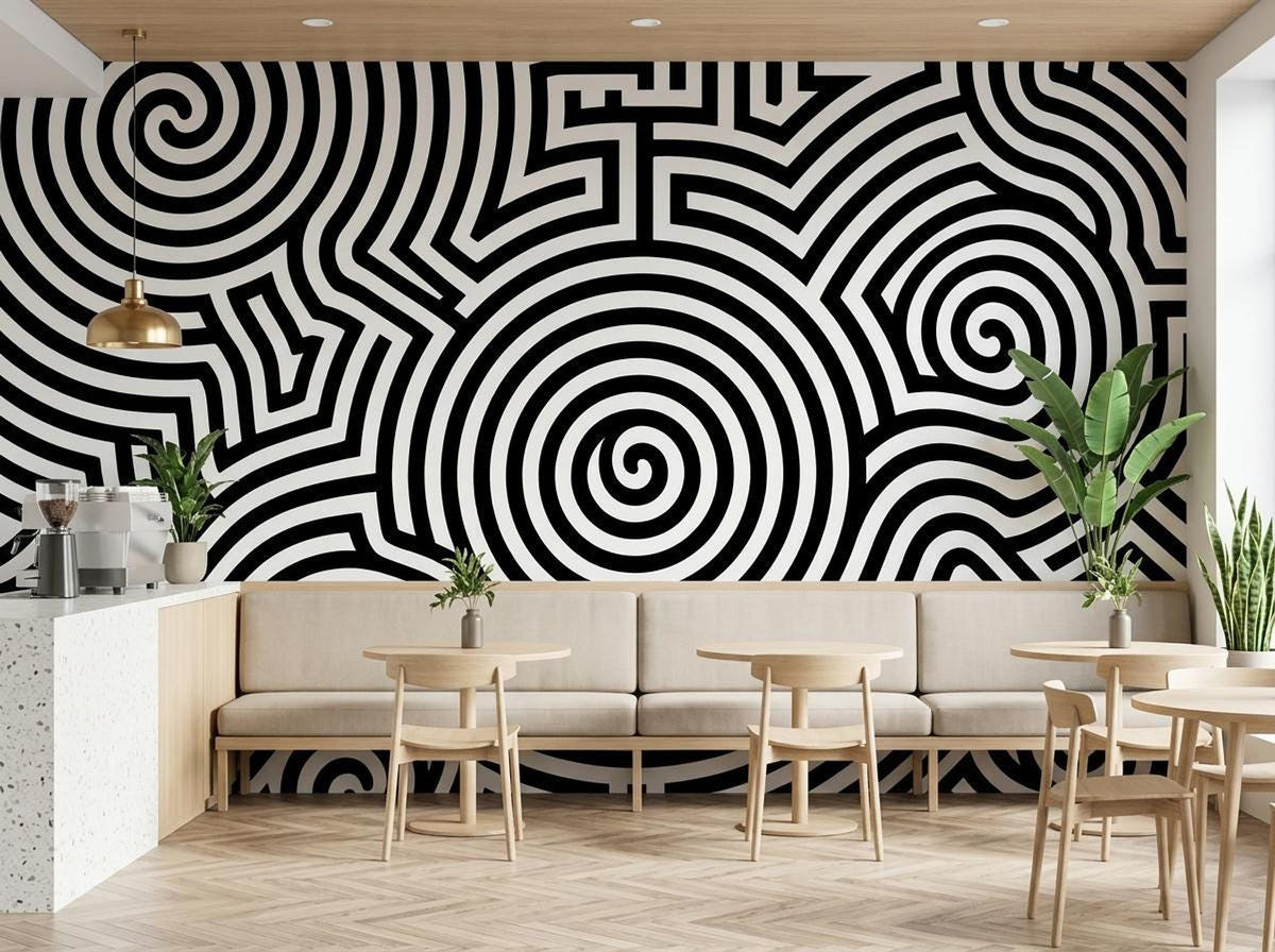 A cafe interior showcases multiple small tables and chairs arranged along a wall featuring a black and white spiral mural.