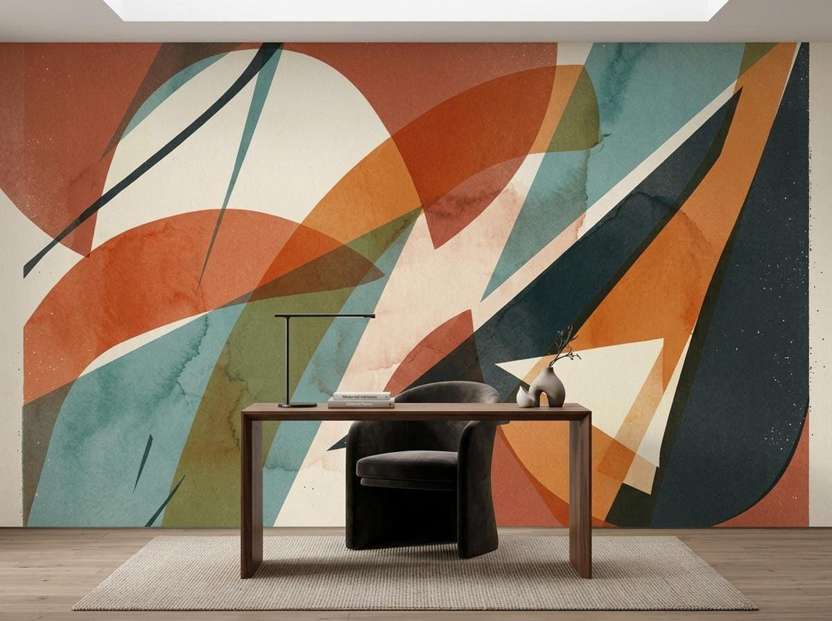 A minimalist desk setup placed against a large abstract geometric wall mural with earthy terracotta and teal tones.