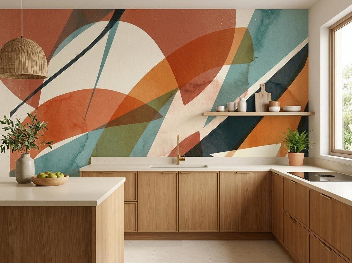 A kitchen with wooden cabinets and a large abstract geometric art wallpaper mural covering the wall above the countertops.
