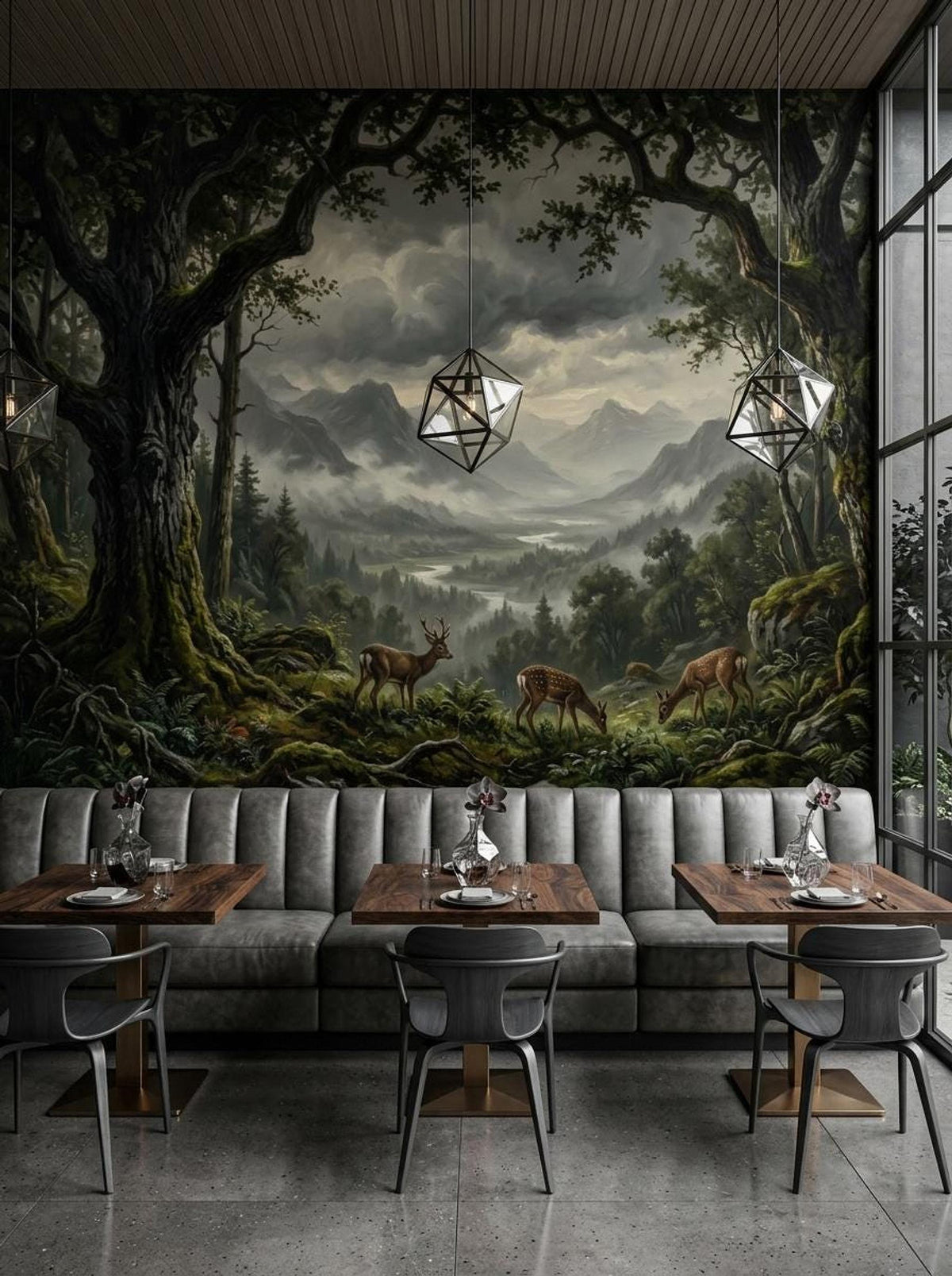 A restaurant interior with three dining booths set against a large dark academia forest and mountain wallpaper mural.