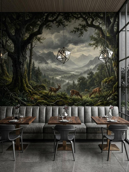 A restaurant interior with three dining booths set against a large dark academia forest and mountain wallpaper mural.