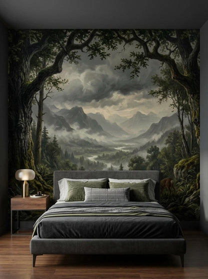 A bedroom featuring a bed with gray bedding against a wall covered in a dark enchanted forest mountain mural.