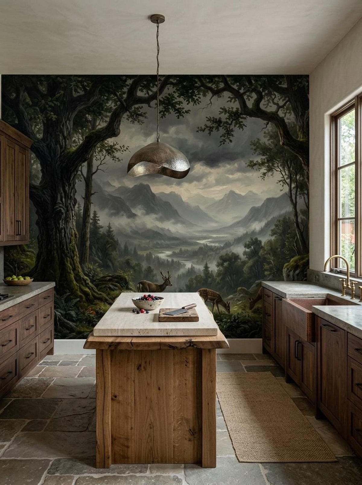 A kitchen with wooden cabinets and a center island against a large-scale wall mural of a foggy forest and mountains with deer.