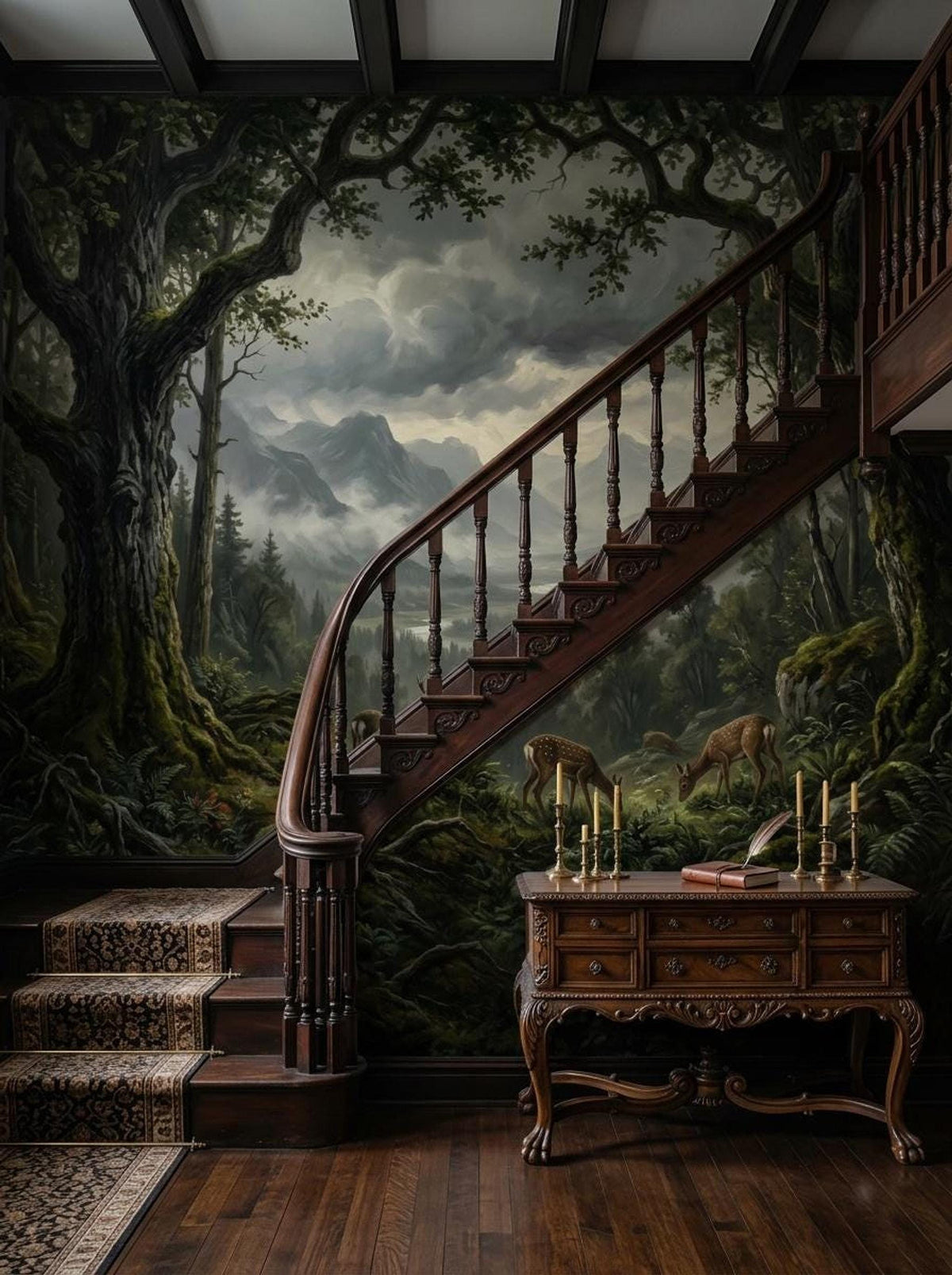 A staircase with dark wooden railings and a patterned runner rug positioned in front of an enchanted forest mural wallpaper.