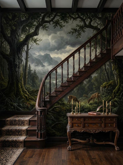 A staircase with dark wooden railings and a patterned runner rug positioned in front of an enchanted forest mural wallpaper.