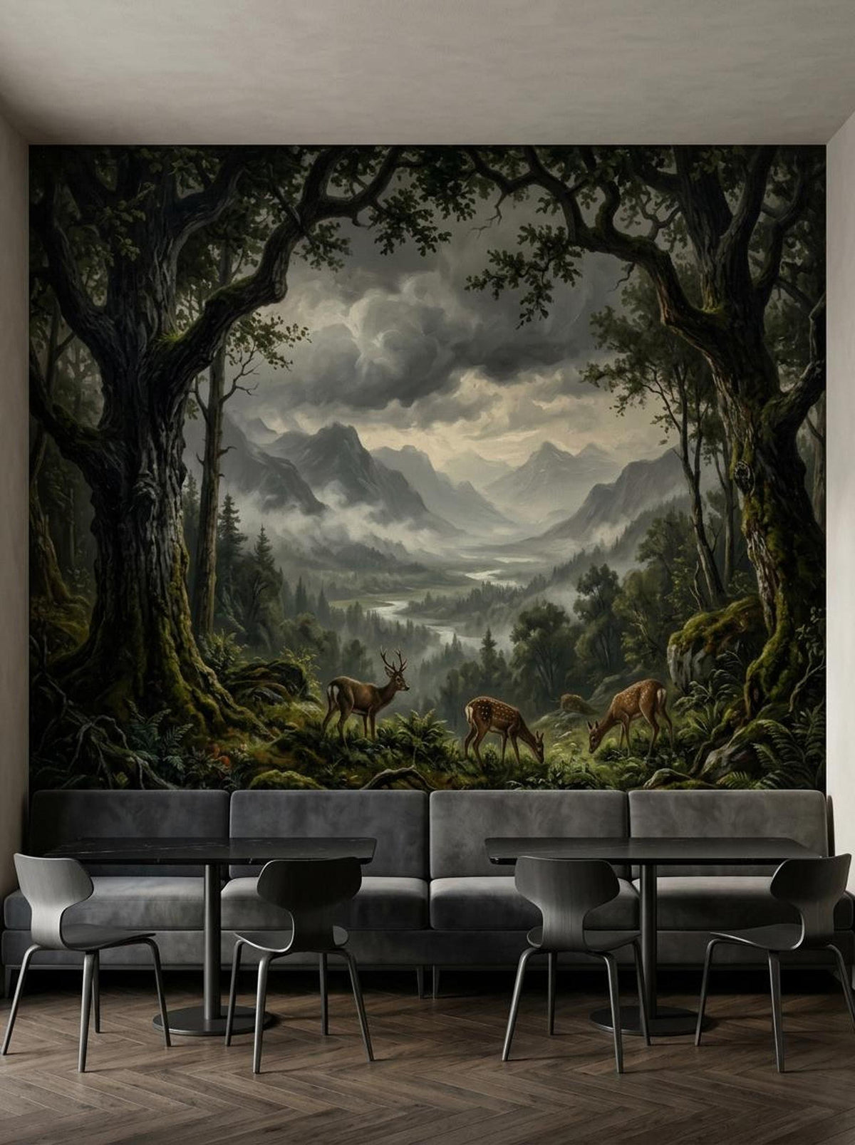 A cafe interior with small tables and chairs placed in front of a massive moody woodland and mountain wall mural.