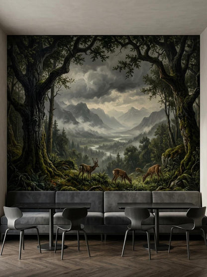 A cafe interior with small tables and chairs placed in front of a massive moody woodland and mountain wall mural.