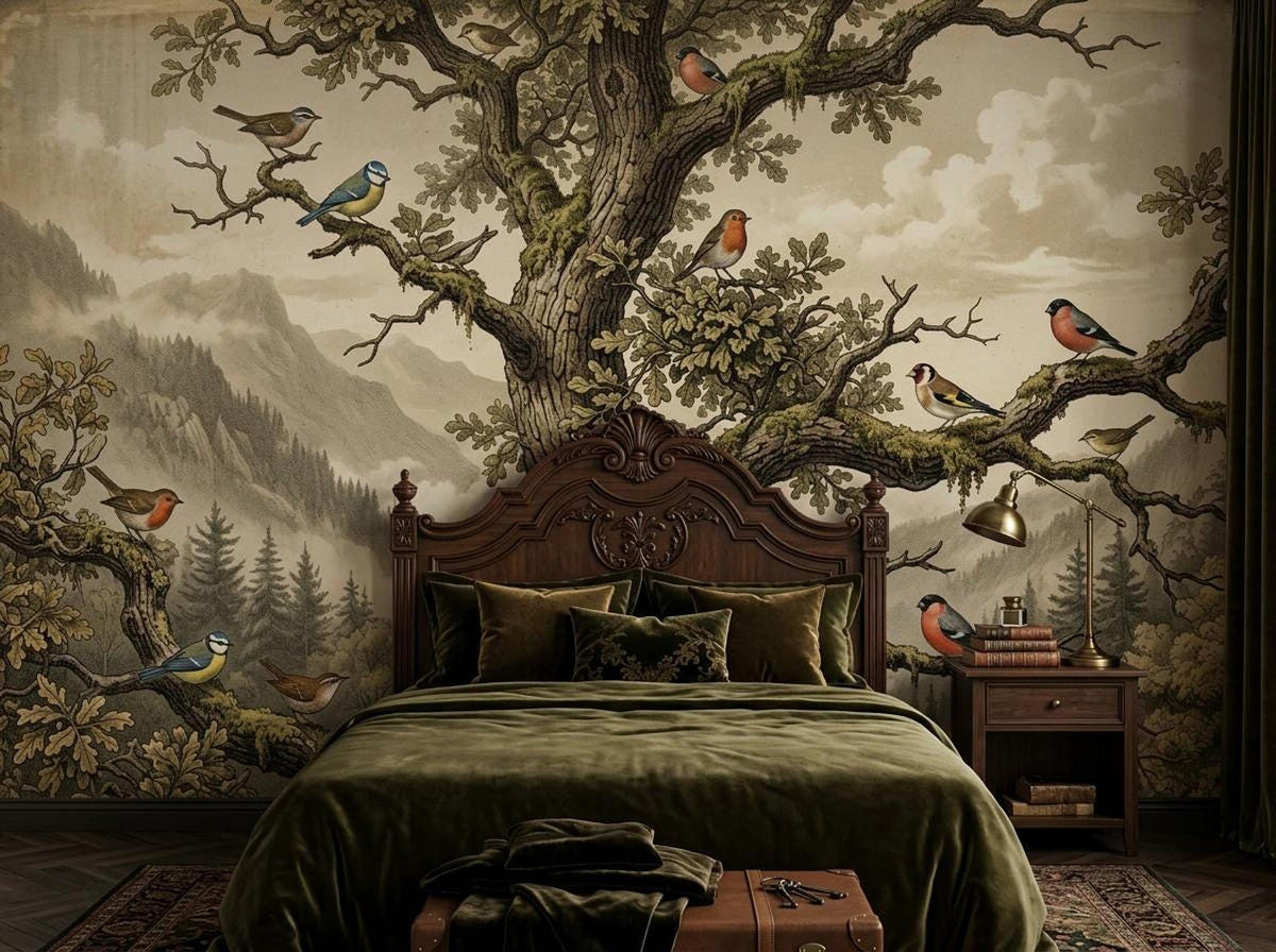 The vintage forest wall mural behind a dark wood bed with olive green velvet bedding and a matching nightstand.
