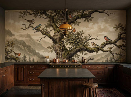 The forest and tree wall mural installed in a rustic kitchen above dark wooden cabinets, a central island, and copper cookware.