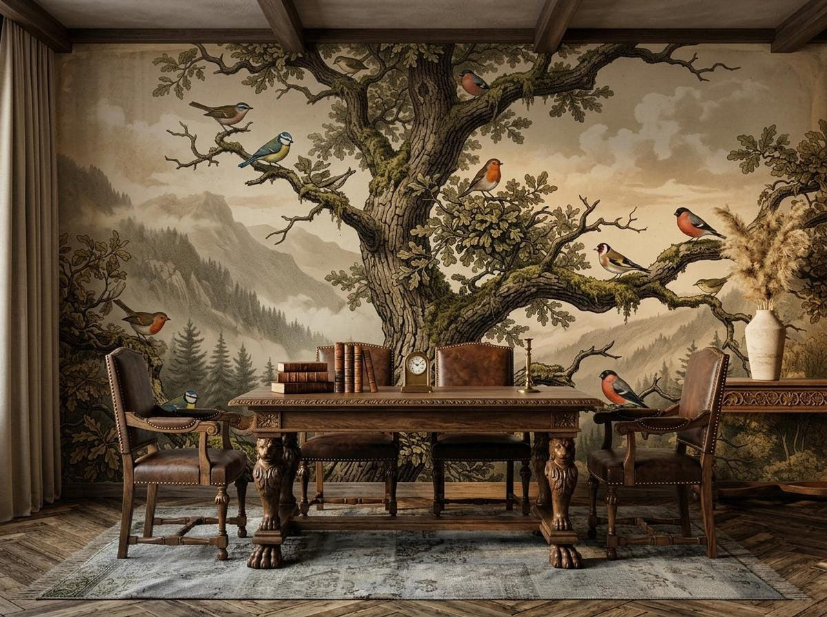 The vintage tree mural showcased in an office setting with a large wooden executive desk, leather armchairs, and a patterned rug.