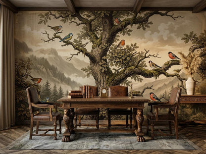 The vintage tree mural showcased in an office setting with a large wooden executive desk, leather armchairs, and a patterned rug.